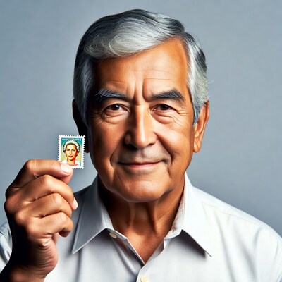 Elderly Asian man holding stamp