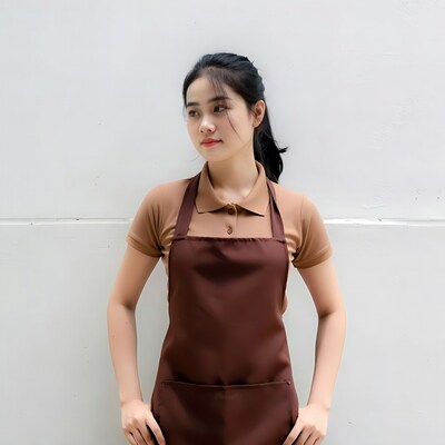 Asian woman in brown apron