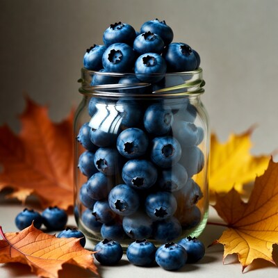 Blueberries in Jar with Autumn Leaves