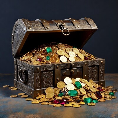 Open treasure chest overflowing gold coins