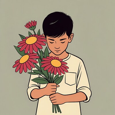 Asian boy holding red flowers