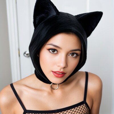 Asian woman in cat ears hood