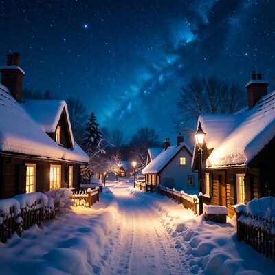 Snowy village path under Milky Way