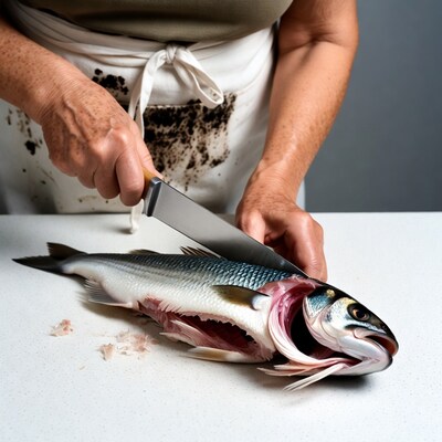 Elderly woman filleting fish