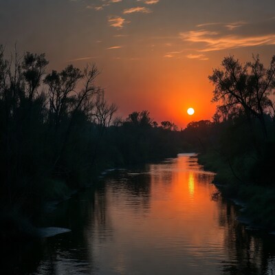 Sunset over river with trees