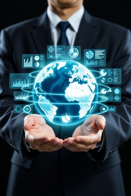 Asian businessman holding holographic globe