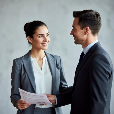 Businesswoman handing document to businessman