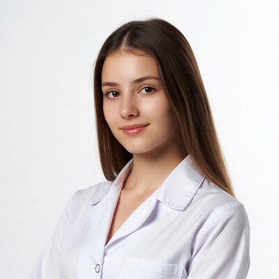 Young woman in white lab coat