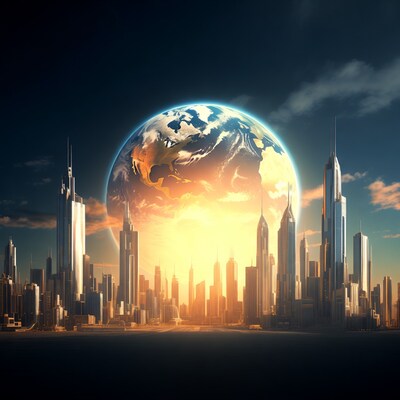 Earth above futuristic city skyline