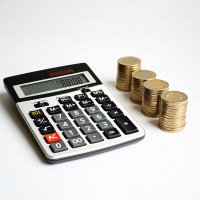 Calculator with gold coin stacks