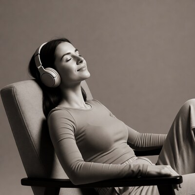 Woman relaxing with headphones in chair