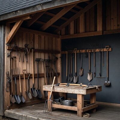 Gardening Tools in Wooden Shed