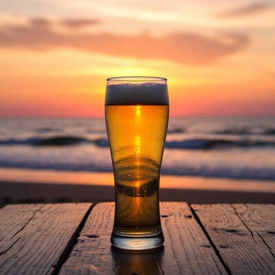 Beer glass at sunset beach