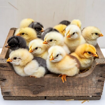 Baby chicks in wooden crate