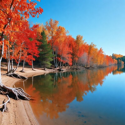 Autumn trees reflecting in lake