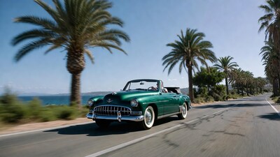 Green vintage convertible driving coastal road