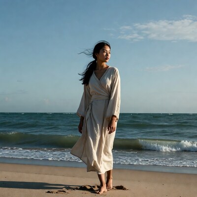 Asian woman in beige dress on beach