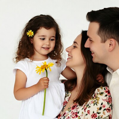 Family with girl holding sunflower