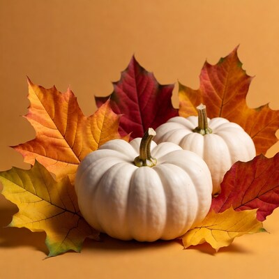 White Pumpkins with Autumn Leaves
