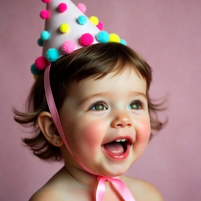 Baby girl smiling in colorful party hat