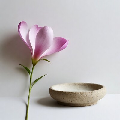 Pink Magnolia Flower with Ceramic Bowl