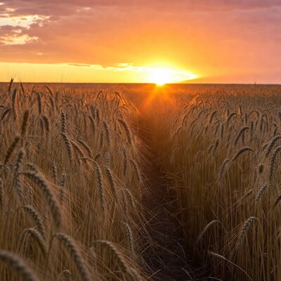 Sunset over wheat field path