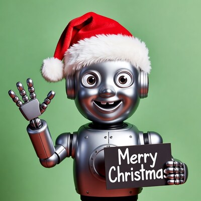 Robot waving with Merry Christmas sign