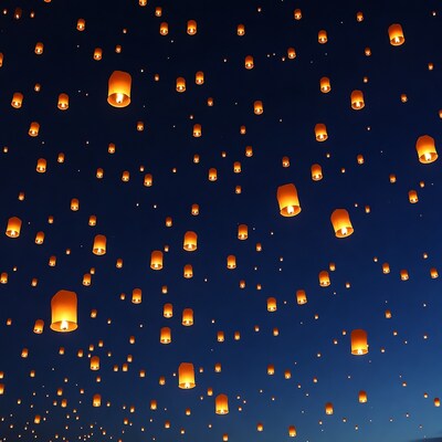 Sky lanterns floating in night sky