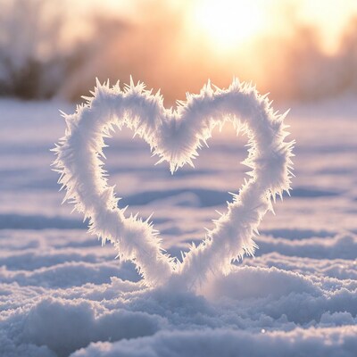 Frosty heart in snowy sunset