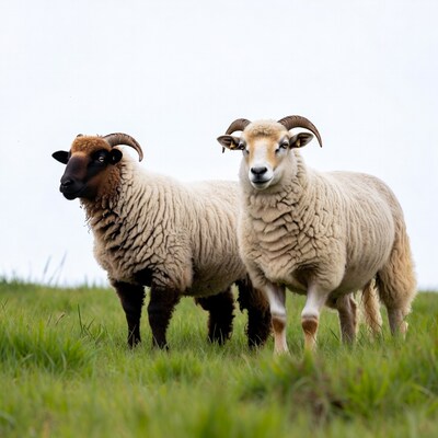 Two horned sheep standing in grass