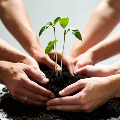 Hands nurturing young green sprout