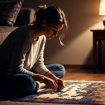 Woman assembling jigsaw puzzle on floor