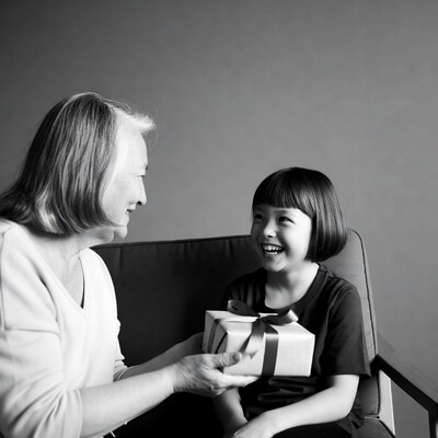 Grandmother giving gift to girl