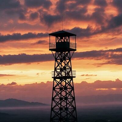 Watchtower silhouetted against sunset