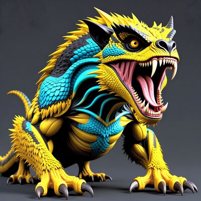Roaring Yellow Dragon with Blue Scales