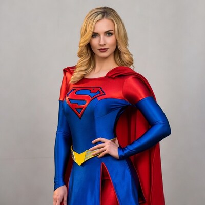 Blonde woman in Supergirl costume