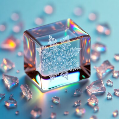 Crystal Snowflake Cube on Blue Background
