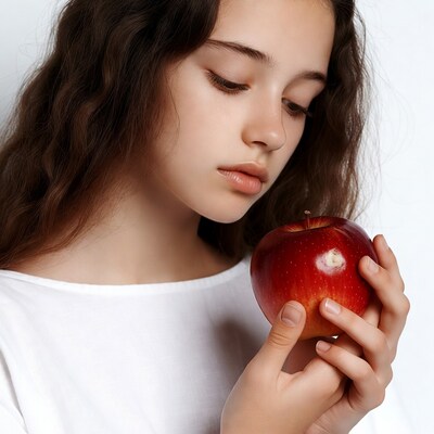 Girl holding red apple