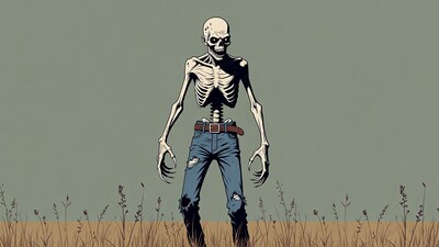 Skeleton in Ripped Jeans Standing in Grass