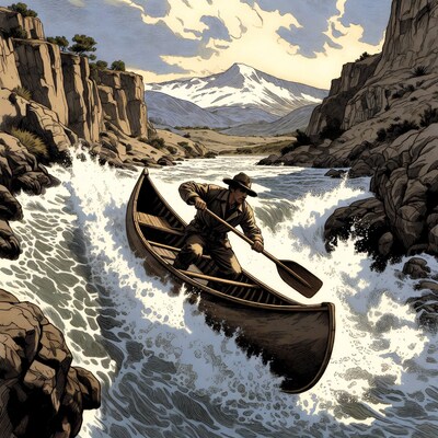 Man paddling canoe in rapids