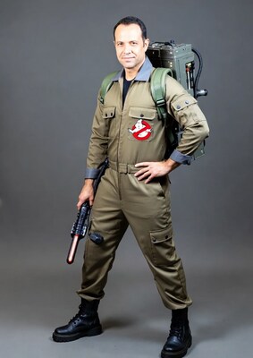 Man in Ghostbusters costume with proton pack