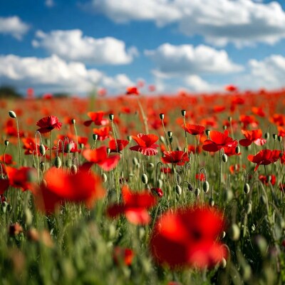 Red Poppy Field Under Blue Sky