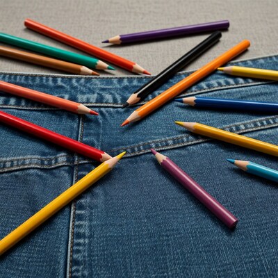 Colorful pencils on blue jeans