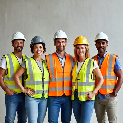Construction workers team in safety vests