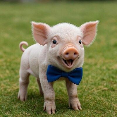 Piglet wearing blue bowtie on grass