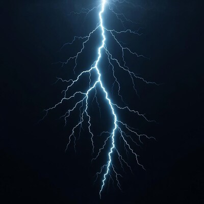 Bright lightning bolt striking dark sky