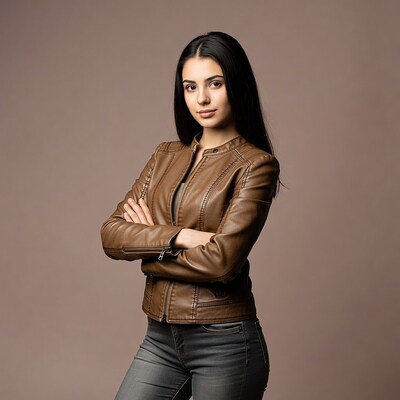Young woman in leather jacket arms crossed
