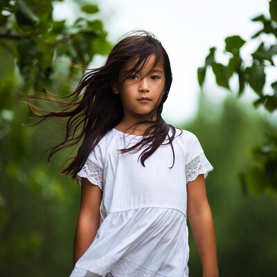 Asian girl with flowing hair in trees