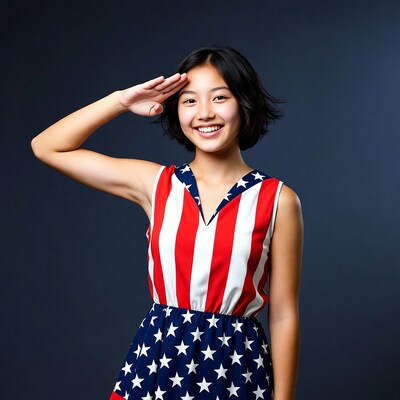 Asian girl saluting in American flag dress