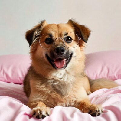 Dog wearing glasses on pink bed